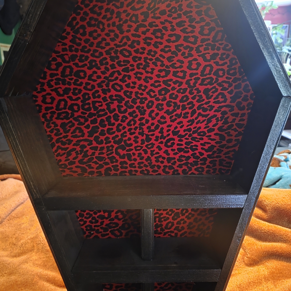 Coffin Black Shelf with Red Velvet Leopard Print